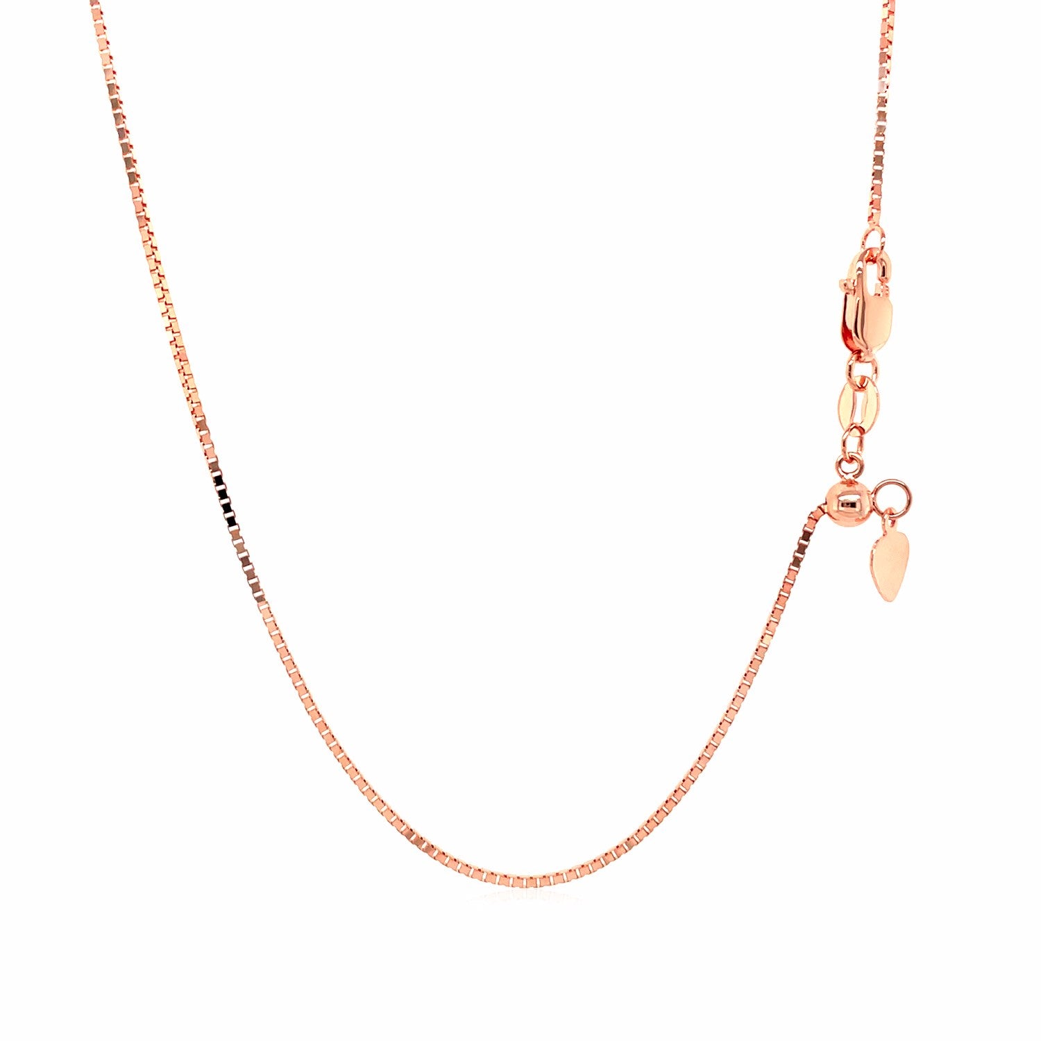 14k Rose Gold Adjustable Box Chain (0.85 mm) in a sleek high-contrast midnight luxury editorial style